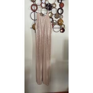 A new day large maxi party dress in a champagne color with side slit